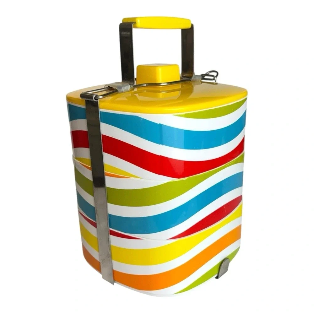 Vintage Bento Lunch Box Multicolor Wave Pattern Picnic Box 3 Trays Metal Handle